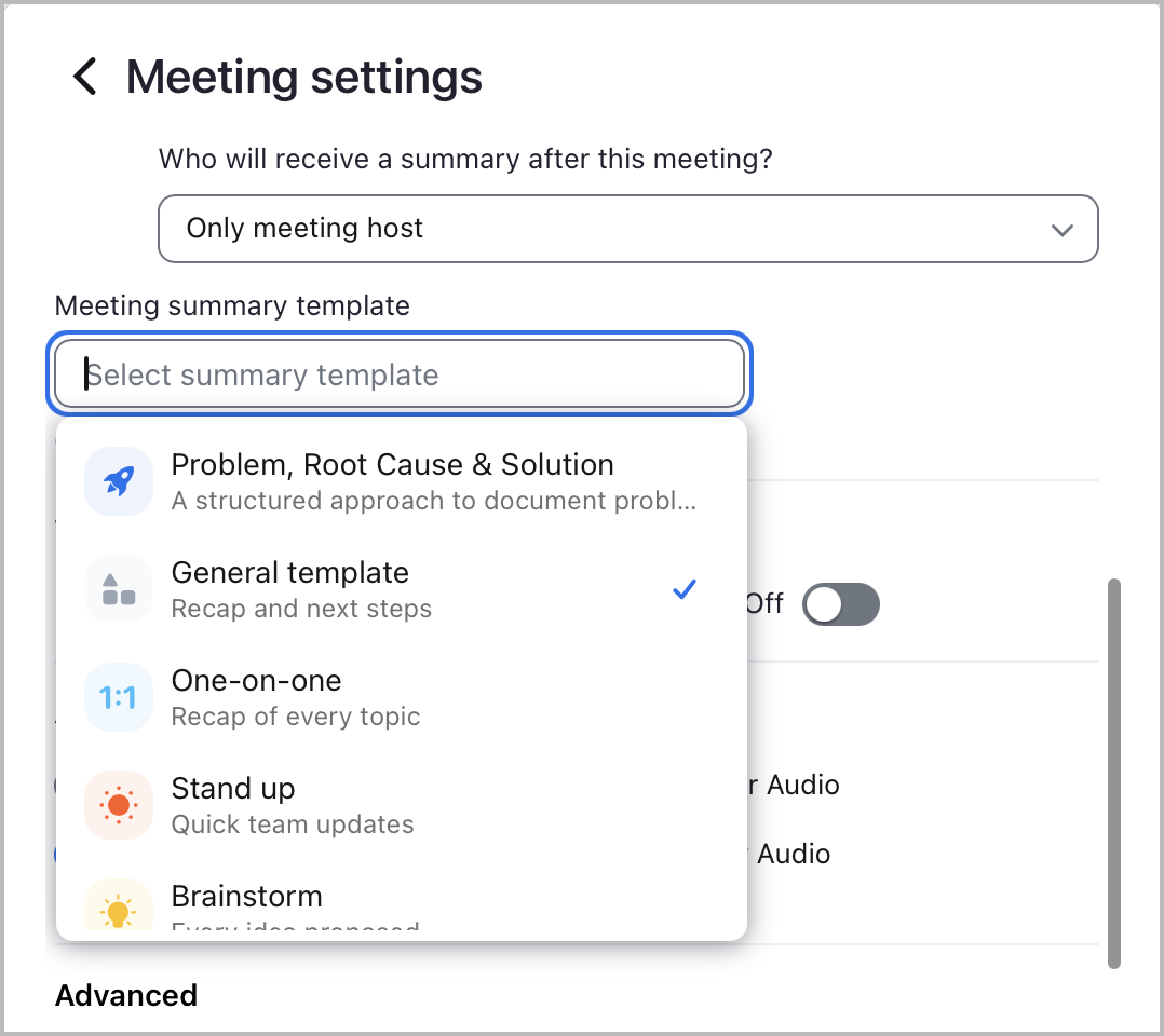 Image showing the selection of a Meeting Summary Template when scheduling a meeting