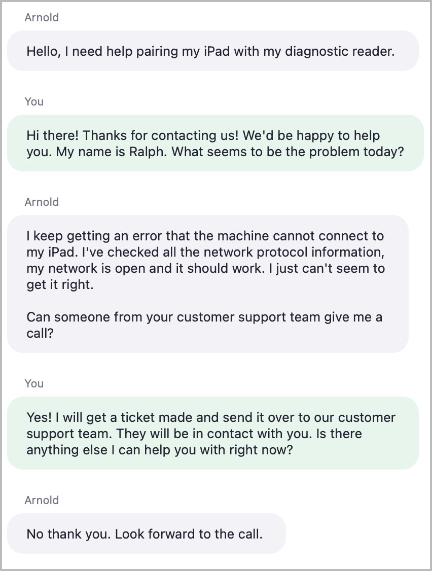 Image demonstrating a conversation between a customer support agent and customer