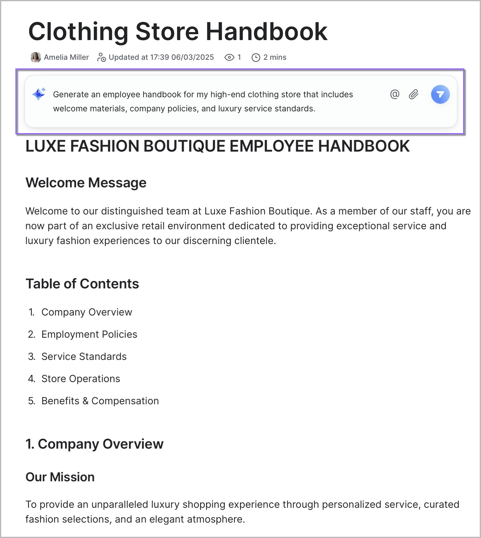 An image demonstrating Zoom Docs creating an Employee Handbook based on a prompt